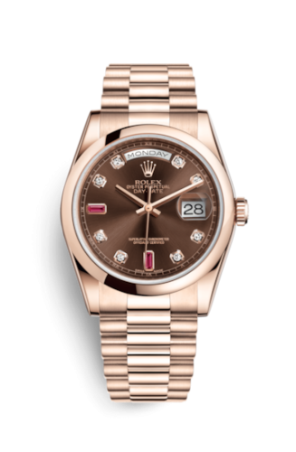Rolex Day-Date 36 Everose Domed / President / Chocolate Diamonds Rubies 118205f-0104