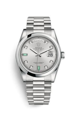 Rolex Day-Date 36 Platinum Domed / President / Silver Diamond Emerald 118206-0114