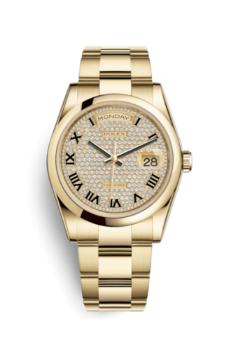 Rolex Day-Date 36 Yellow Gold Domed / Oyster / Paved Roman 118208-0137