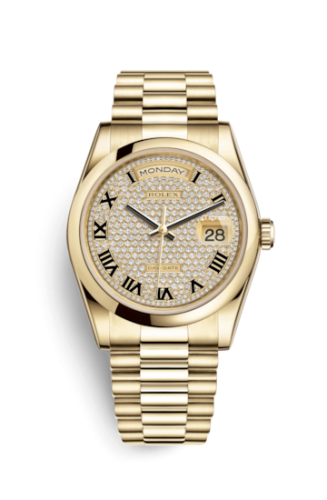 Rolex Day-Date 36 Yellow Gold Domed / President / Paved Roman 118208-0214