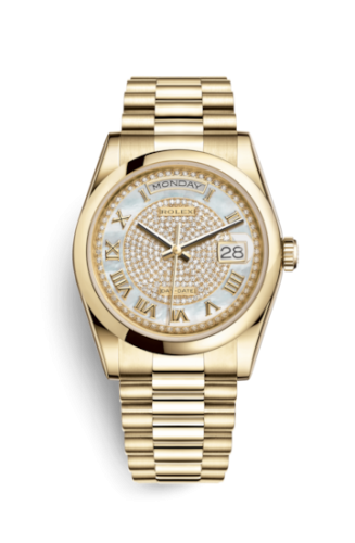 Rolex Day-Date 36 Yellow Gold Domed / President / Paved Roman 118208-0313
