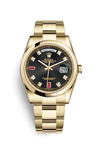 Rolex Day-Date 36 Yellow Gold Domed / Oyster / Black Diamonds Rubies 118208-0322