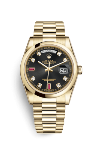 Rolex Day-Date 36 Yellow Gold Domed / President / Black Diamonds Rubies 118208-0323