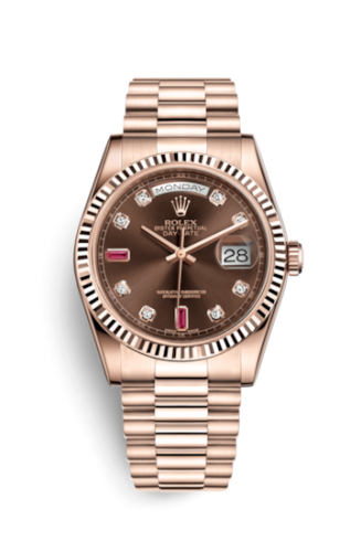 Rolex Day-Date 36 Everose Fluted / President / Chocolate Diamonds Rubies 118235f-0093