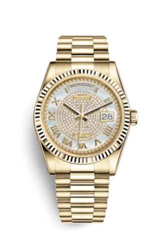 Rolex Day-Date 36 Yellow Gold Fluted / President Diamond / Paved Roman 118238-0123