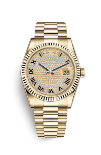 Rolex Day-Date 36 Yellow Gold Fluted / President / Paved Roman 118238-0129