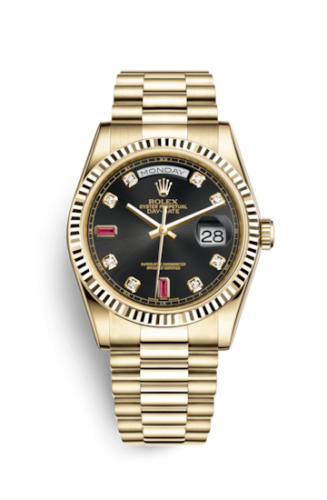 Rolex Day-Date 36 Yellow Gold Fluted / President / Black Diamonds Rubies 118238-0394