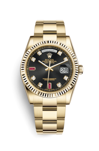 Rolex Day-Date 36 Yellow Gold Fluted / Oyster / Black Diamonds Rubies 118238-0396