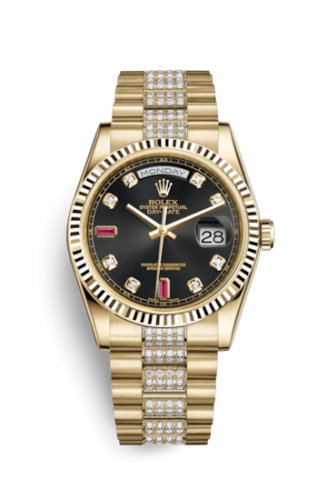 Rolex Day-Date 36 Yellow Gold Fluted / President Diamonds / Black Diamonds Rubies 118238-0405