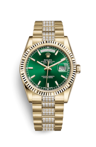 Rolex Day-Date 36 Yellow Gold Fluted / President Diamonds / Green 118238-0435