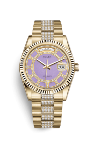 Rolex Day-Date 36 Yellow Gold Fluted / President Diamonds / Lavender Jade Carousel 118238-0441