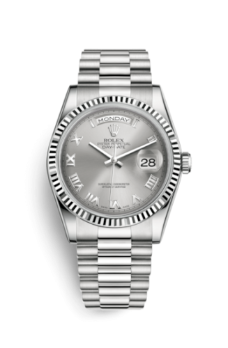 Rolex Day-Date 36 White Gold Fluted / President / Grey Roman 118239-0082