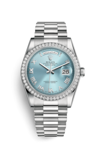 Rolex Day-Date 36 Platinum Diamonds / President / Ice Blue Roman 118346-0023