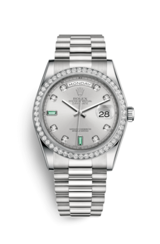 Rolex Day-Date 36 Platinum Diamonds / President / Silver Diamond Emerald 118346-0084