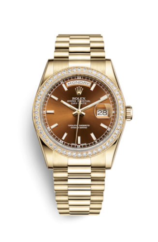 Rolex Day-Date 36 Yellow Gold Diamonds / President / Cognac 118348-0160