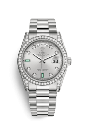 Rolex Day-Date 36 White Gold Diamonds / President / Silver Diamonds Emeralds 118389-0078