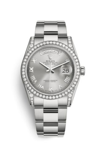 Rolex Day-Date 36 White Gold Diamonds / Oyster / Silver Roman 118389-0121