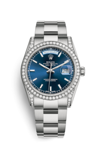 Rolex Day-Date 36 White Gold Diamonds / Oyster / Blue 118389-0125