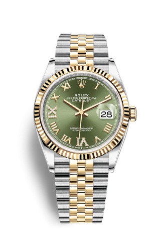 Rolex Datejust 36 Stainless Steel / Yellow Gold / Fluted / Olive Green Roman Diamond / Jubilee 126233-0025