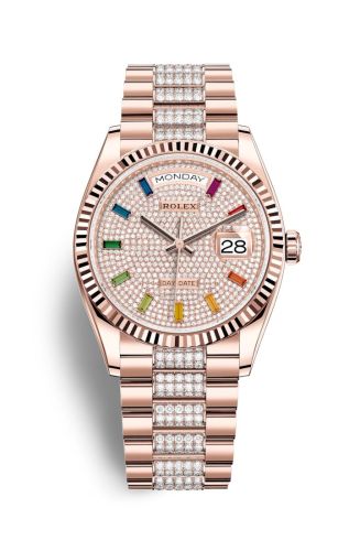 Rolex Day-Date 36 Everose Gold / Fluted / Paved-Rainbow / President-Diamond 128235-0040