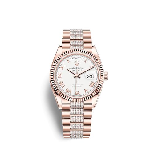 Rolex Day-Date 36 Everose Gold / Fluted / White - Roman / President-Diamond 128235-0053