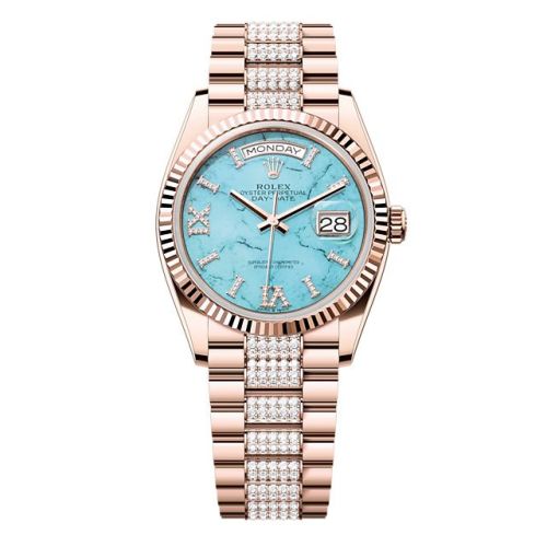 Rolex Day-Date 36 Everose Gold - Fluted / Turquoise / President - Diamond 128235-0065