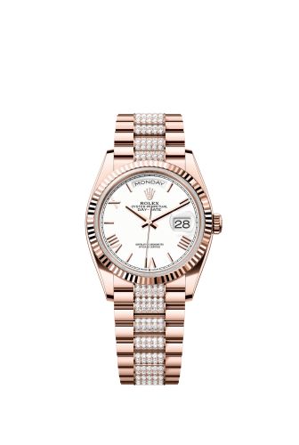 Rolex Day-Date 36 Everose Gold - Fluted / White - Roman / President - Diamond 128235-0071