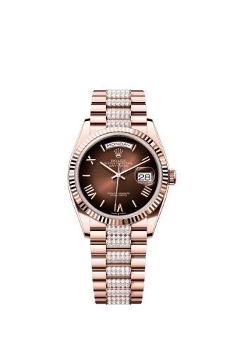 Rolex Day-Date 36 Everose Gold - Fluted / Brown Ombré - Roman / President - Diamond 128235-0076