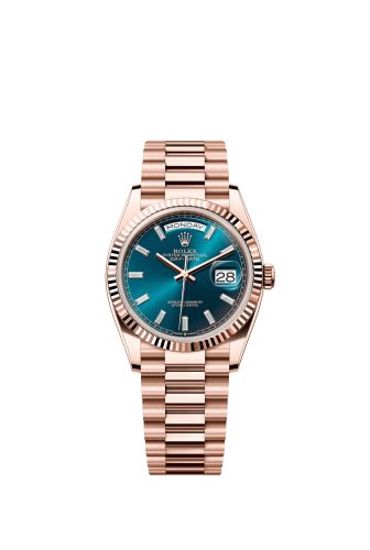 Rolex Day-Date 36 Everose Gold - Fluted / Blue-Green - Baguette / President 128235-0085