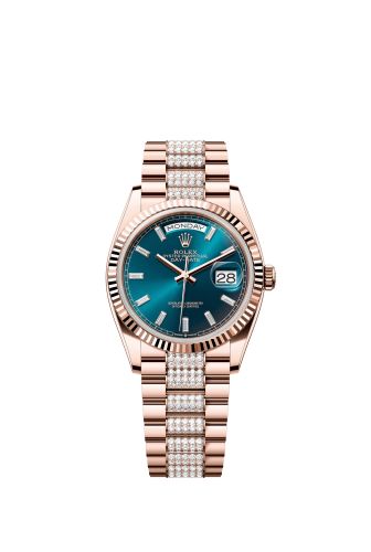 Rolex Day-Date 36 Everose Gold - Fluted / Blue-Green - Baguette / President - Diamond 128235-0086