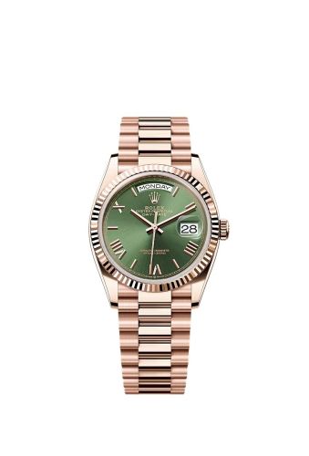 Rolex Day-Date 36 Everose Gold - Fluted / Green - Roman / President 128235-0089