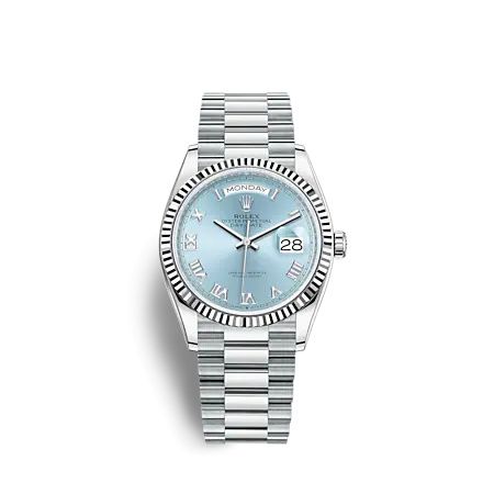 Rolex Day-Date 36 Platinum - Fluted / Ice Blue - Roman / President 128236-0008