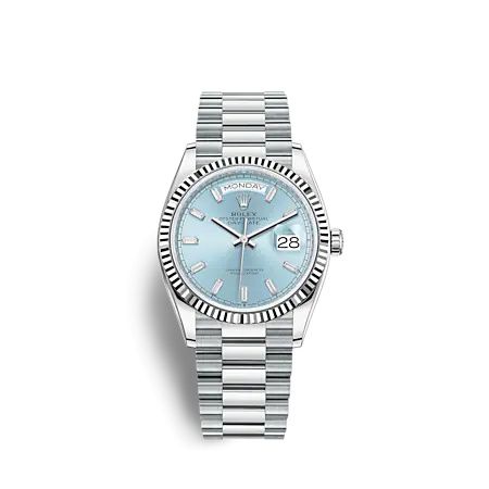 Rolex Day-Date 36 Platinum - Fluted / Ice Blue - Baguette / President 128236-0009