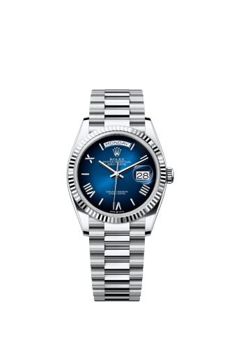Rolex Day-Date 36 Platinum - Fluted / Blue Ombré - Roman / President 128236-0020