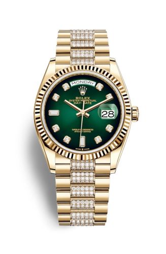 Rolex Day-Date 36 Yellow Gold / Fluted / Green Ombré-Diamond / President-Diamond 128238-0070