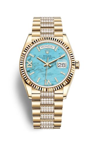 Rolex Day-Date 36 Yellow Gold / Fluted / Turquoise / President-Diamond 128238-0072