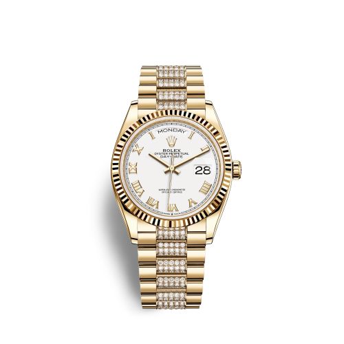 Rolex Day-Date 36 Yellow Gold / Fluted / White - Roman / President - Diamond 128238-0077