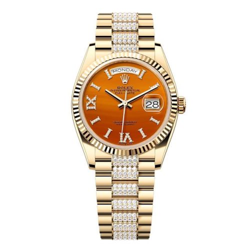 Rolex Day-Date 36 Yellow Gold - Fluted / Carnelian / President - Diamond 128238-0089