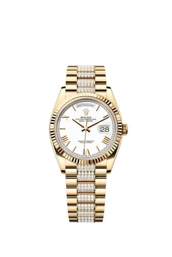 Rolex Day-Date 36 Yellow Gold / Fluted / White - Roman / President - Diamond 128238-0114