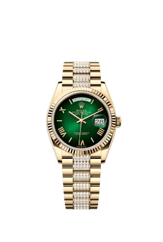 Rolex Day-Date 36 Yellow Gold / Fluted / Green Ombré - Roman / President - Diamond 128238-0119