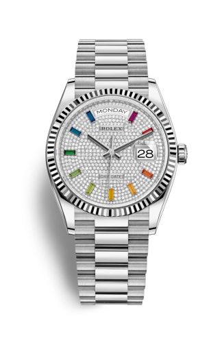 Rolex Day-Date 36 White Gold / Fluted / Paved-Rainbow / President 128239-0019
