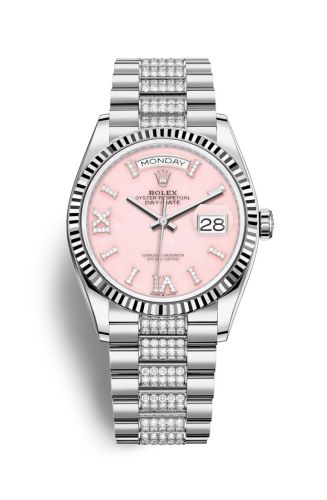 Rolex Day-Date 36 White Gold / Fluted / Opal-Diamond / President-Diamond 128239-0030