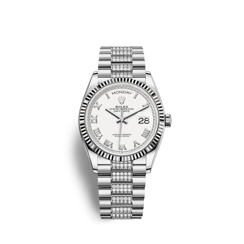 Rolex Day-Date 36 White Gold Fluted / White - Roman / President - Diamond 128239-0039