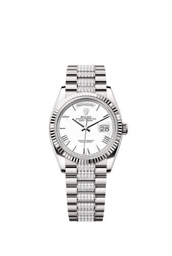 Rolex Day-Date 36 White Gold - Fluted / White - Roman / President - Diamond 128239-0060