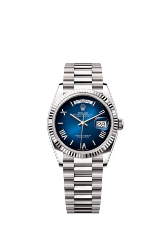 Rolex Day-Date 36 White Gold - Fluted / Blue Ombré - Roman / President 128239-0063