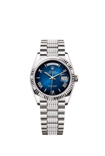 Rolex Day-Date 36 White Gold - Fluted / Blue Ombré - Roman / President - Diamond 128239-0064