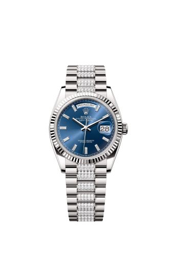 Rolex Day-Date 36 White Gold - Fluted / Bright Blue - Baguette / President - Diamond 128239-0070