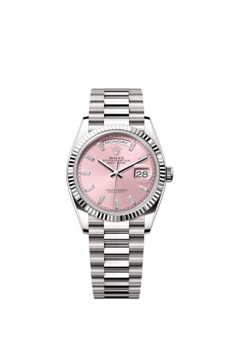 Rolex Day-Date 36 White Gold - Fluted / Pink - Baguette / President 128239-0071