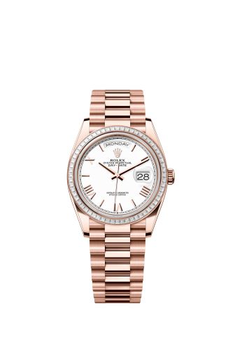 Rolex Day-Date 36 Everose Gold - Baguette / White - Roman / President 128395TBR-0022
