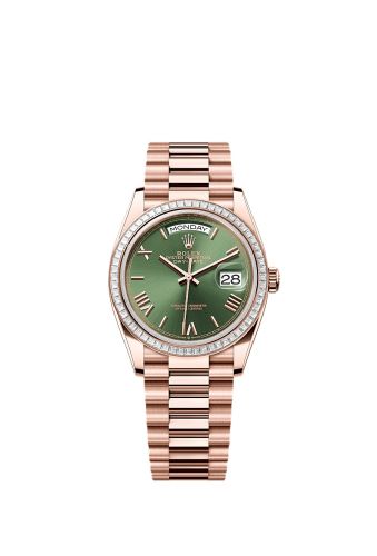 Rolex Day-Date 36 Everose Gold - Baguette / Green - Roman / President 128395TBR-0033